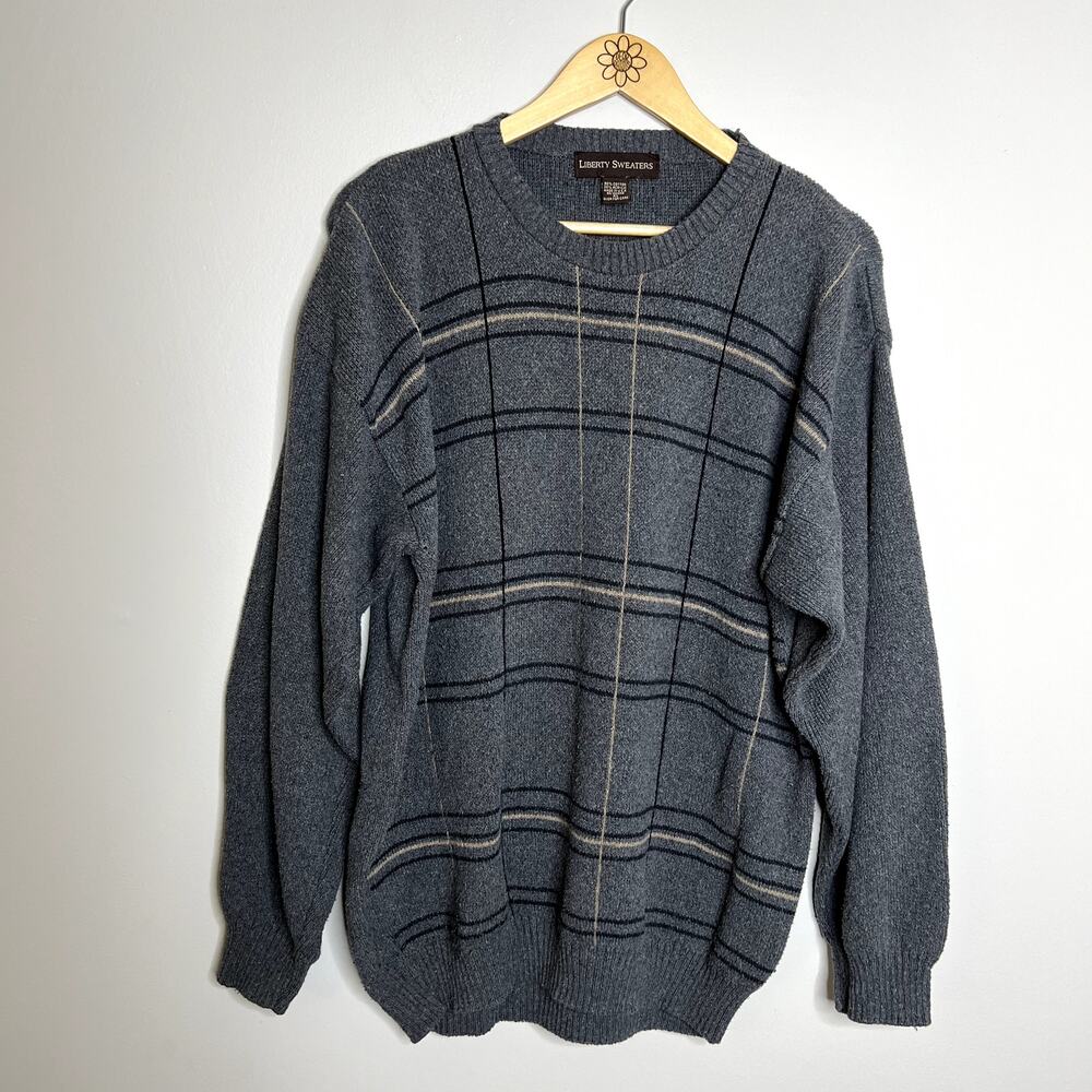 Vintage Liberty Sweaters Gray Plaid Striped Crewneck Sweater